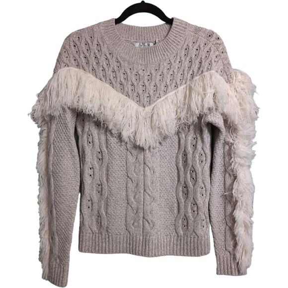 AMUR Sweaters - AMUR Ulla Sweater Oatmeal Fringe Cable Knit Crew Neck Long Sleeve Merino Wool M